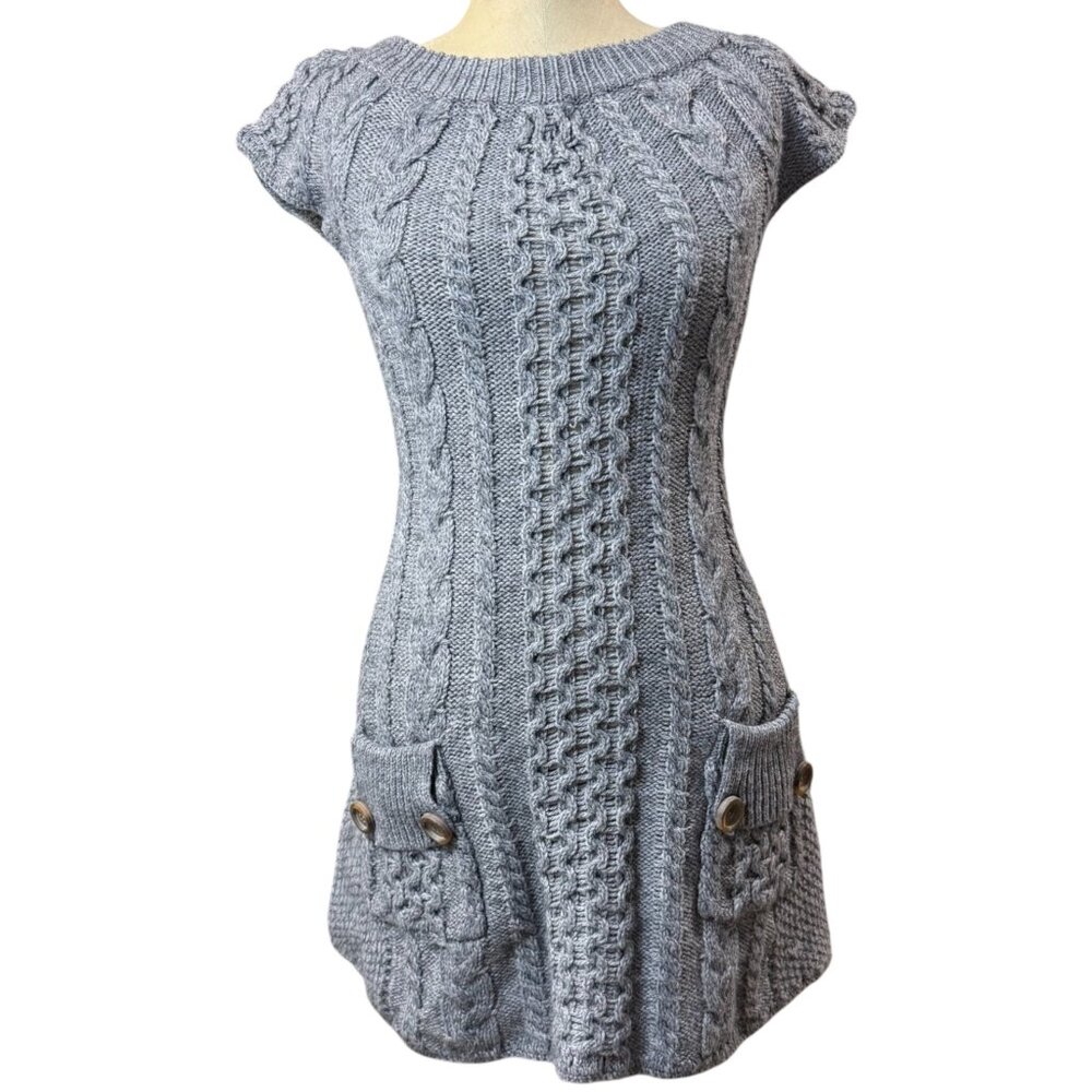 Free People XS Gray Cable Knit Sweater Dress Ribbon Tie Pockets Cottage Coquette
